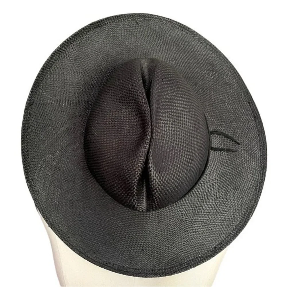 Vintage Black Straw Large Brimmed Hat w/ Pinched Crown - Picture 2 of 8